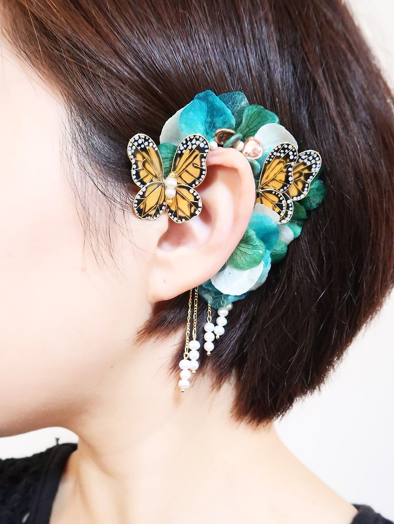 Miss Paranoid Miss Paranoid Butterfly and Flower Fairy Pearl Drop Earrings Orange Green Unilateral - ต่างหู - เรซิน สีเขียว