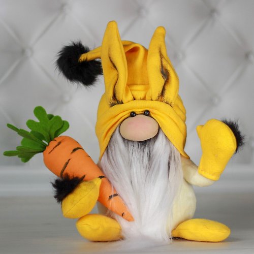 TiLenaDolls Plush yellow Gnome Rabbit. A soft stuffed toy Gnome with a carrot.