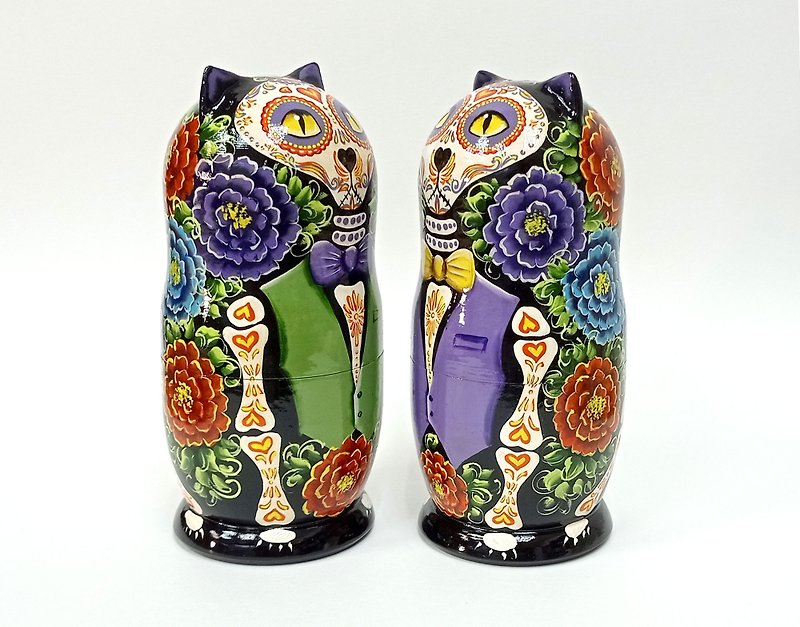 Russian Matryoshka Cat Day Of The Dead Mexican Decor, Sugar Skull Day of theDead - ของวางตกแต่ง - ไม้ สีดำ