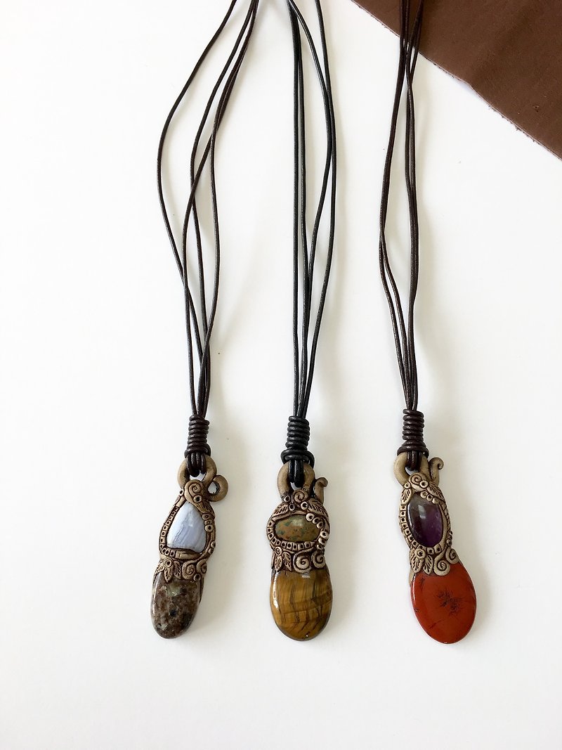 Gemstones and polymer clay leather necklace - ネックレス - 石 多色
