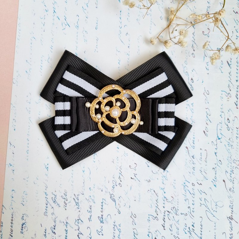 Bow brooch Camellia ribbon brooch Black bow brooch Dress brooch handmade - Brooches - Cotton & Hemp Black