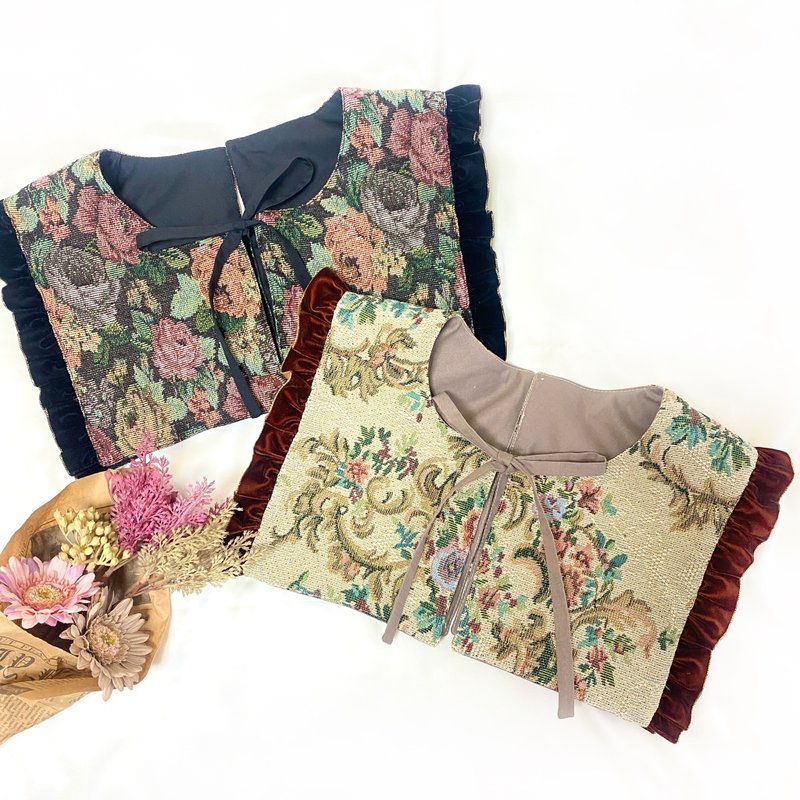 クラシカルなベロアフリルのゴブランつけ襟 (ベージュ) - 領結/領巾 - 聚酯纖維 卡其色