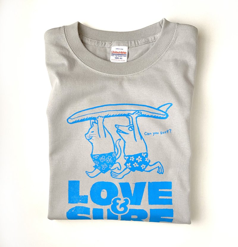 猫と青蛙のTシャツ　グレー　男女兼用 - 女 T 恤 - 棉．麻 灰色
