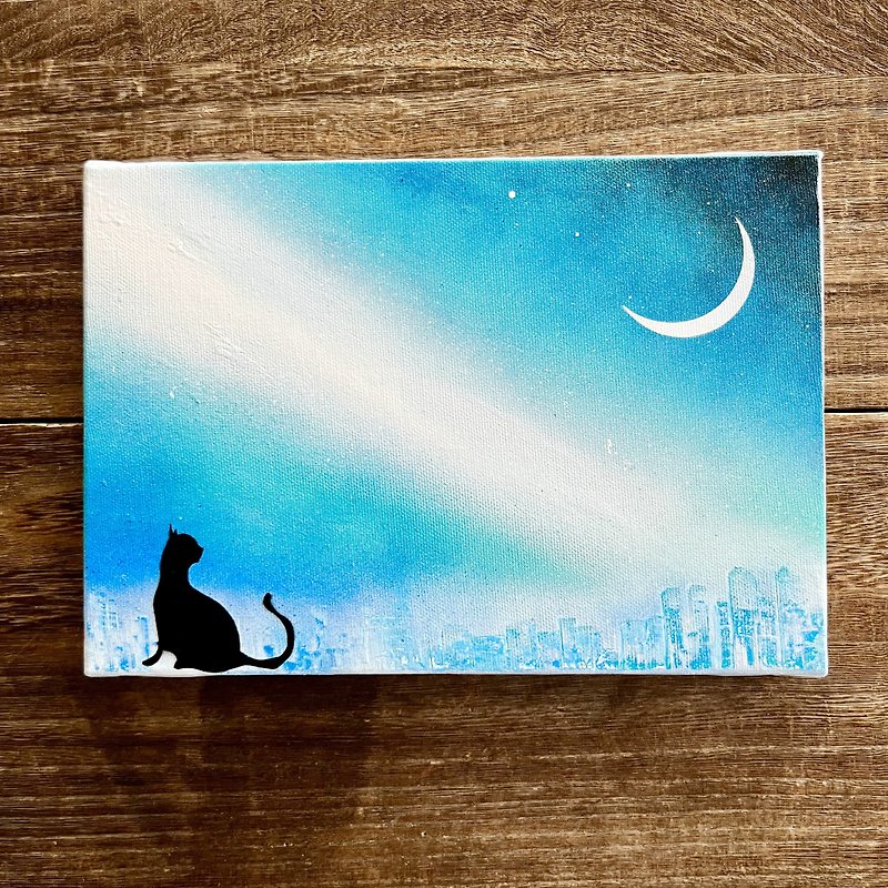 三日月と猫　 キャンバスパネル風景画 - 掛牆畫/海報 - 棉．麻 藍色