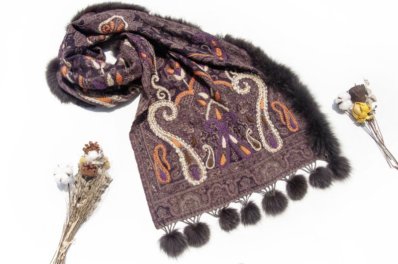 喀什米爾Cashmere/水煮羊毛披肩/針織圍巾/刺繡圍巾/羊絨披巾-花 - 圍巾/披肩 - 羊毛 多色
