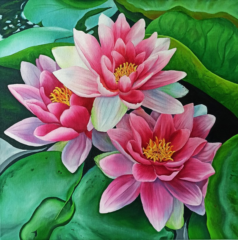 Oil Painting Water Lilies Floral Original Art Wall Art  蓮花 - Posters - Cotton & Hemp Multicolor