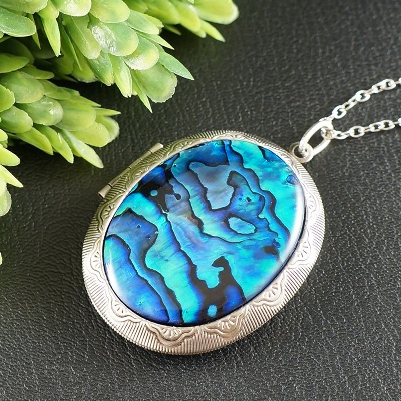 Abalone Paua Heliotis Locket Turquoise Blue Keepsake Pendant Necklace Jewelry - 項鍊 - 貝殼 藍色
