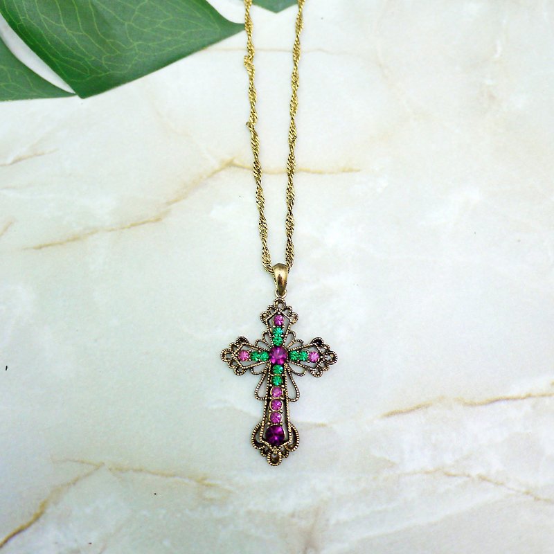 Color hop antique wind cross necklace - Necklaces - Other Metals Purple