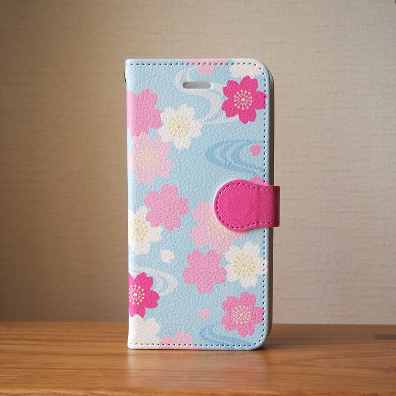 【Notebook type android phone case】Japanese Cherry Blossoms & Water Flow - Phone Cases - Other Materials Pink