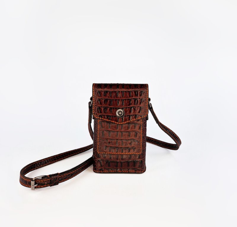 Small Leather Phone Bag, Mini Brown Shoulder Mobile Case, Handmade gift - อื่นๆ - หนังแท้ สีนำ้ตาล