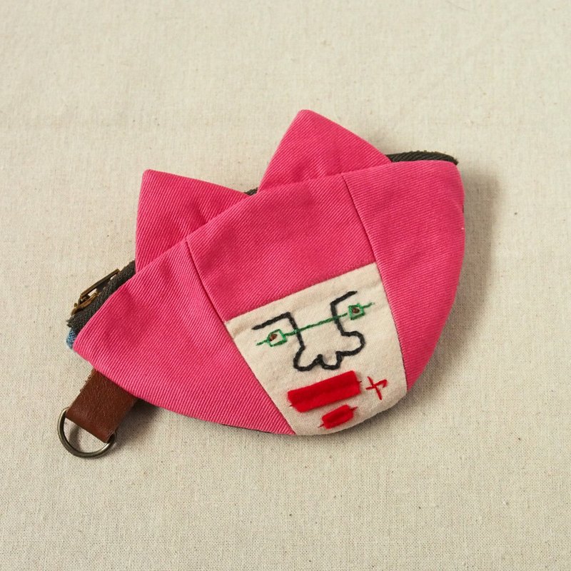 Coin purse with embroidered cat ears, pink - Coin Purses - Cotton & Hemp Pink