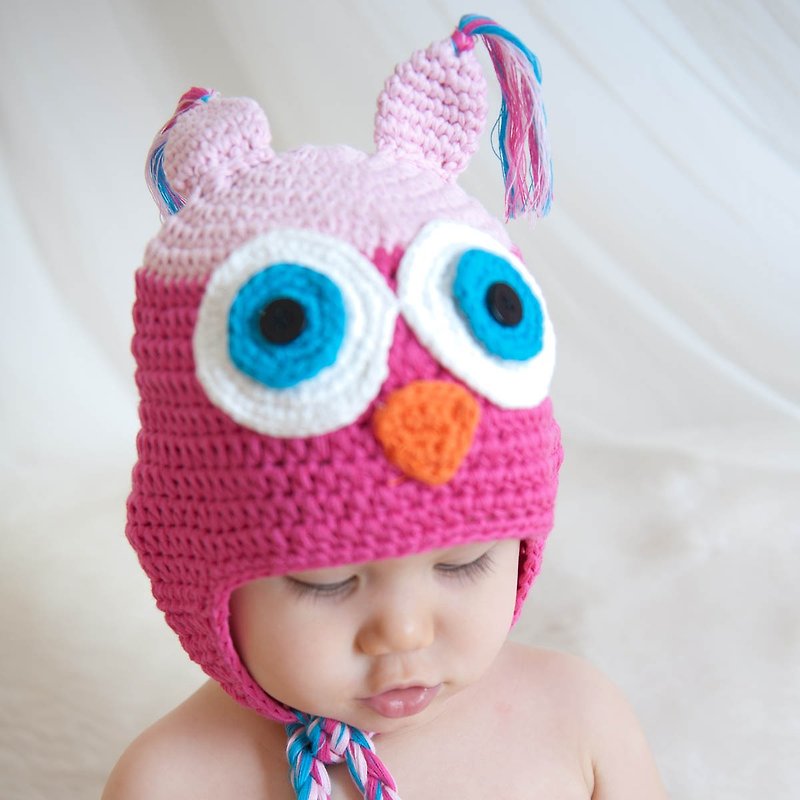 Cutie Bella Hand Knitted Hat Owl-Pink/Fuchsia - หมวกเด็ก - ผ้าฝ้าย/ผ้าลินิน สึชมพู