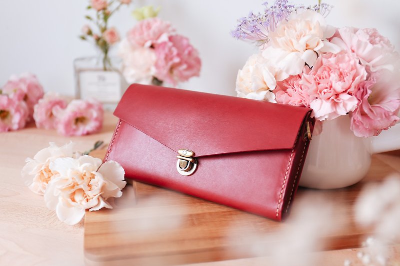 ▎Shekinah ▎ Mother's Day Series - Push Button Elegant Long Pouch - Wallets - Genuine Leather Red
