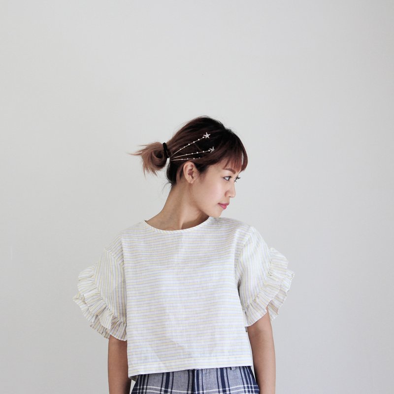 Striped Ruffle Carnation Top (yellow) - 女上衣/長袖上衣 - 棉．麻 黃色
