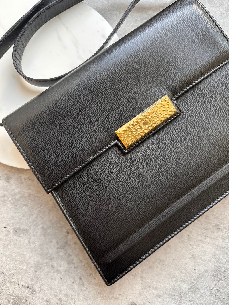 中古包 Christian Dior 中古千鳥格五金標牌斜揹包 - 側背包/斜背包 - 真皮 黑色