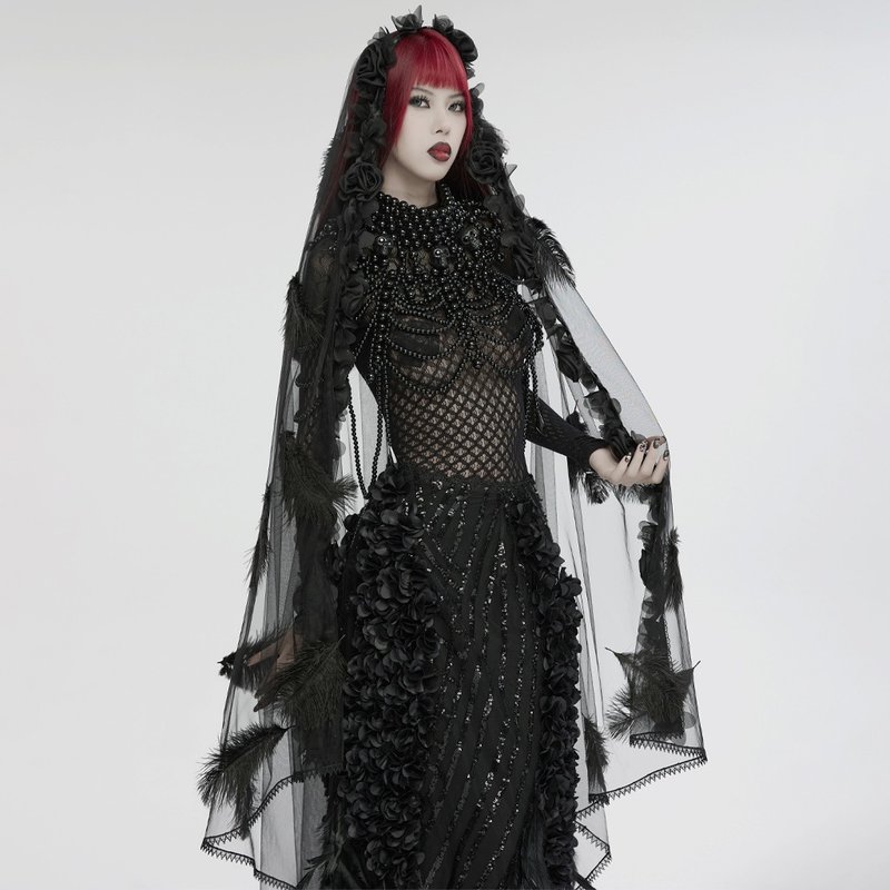 Gothic Valkyrie Raven Feather Pattern Veil/Veil/Halloween - เครื่องประดับผม - วัสดุอื่นๆ สีดำ