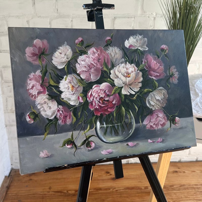 Hand-Painted Peonies Oil painting - Wall Décor - Other Materials Pink