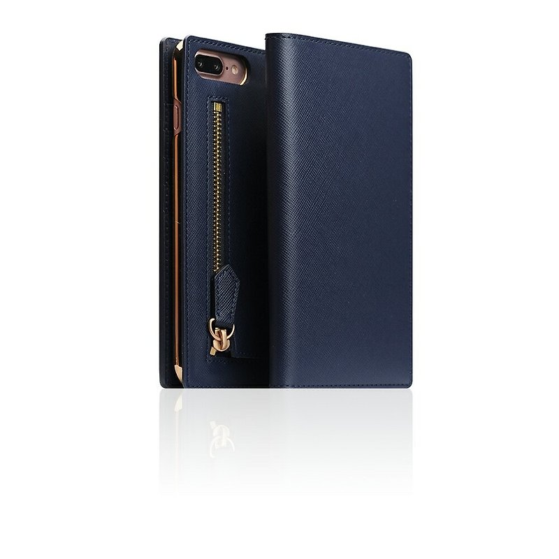 SLG Design iPhone 8/7 Plus D5 ZIPPER zipper bag style side lift type leather case - navy blue - Phone Cases - Genuine Leather Blue