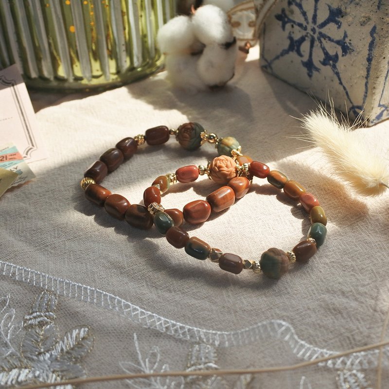 Early Autumn:: Huliu Alashan + wool ball + peony flower carving - Bracelets - Jade Brown