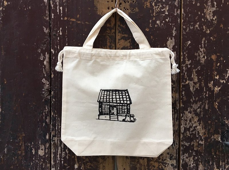 Small drawstring lunch bag. Thin and light. Manual screen printing - Handbags & Totes - Cotton & Hemp 