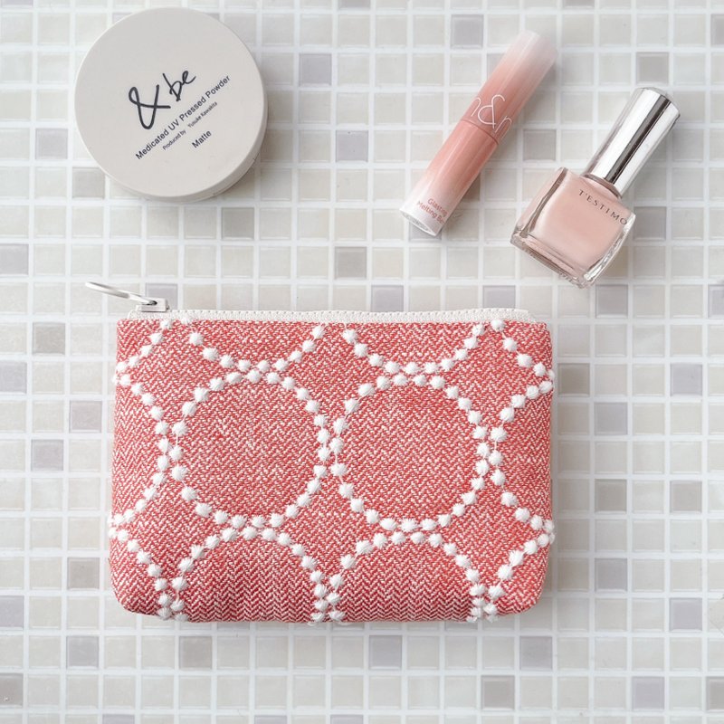 tambourine Cosmetic Pouch mina perhonen Handmade Circle Pattern Red - กระเป๋าเครื่องสำอาง - ผ้าฝ้าย/ผ้าลินิน สีแดง