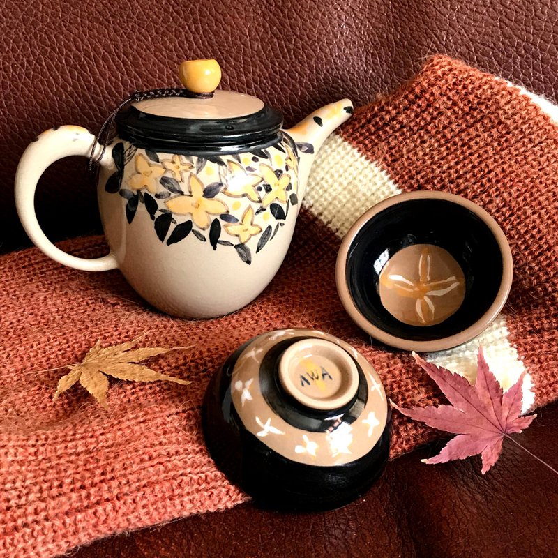 【花記花憶】手繪茶具套組/台灣製造/一壺二杯/獨一無二 - 茶壺/茶杯/茶具 - 陶 橘色