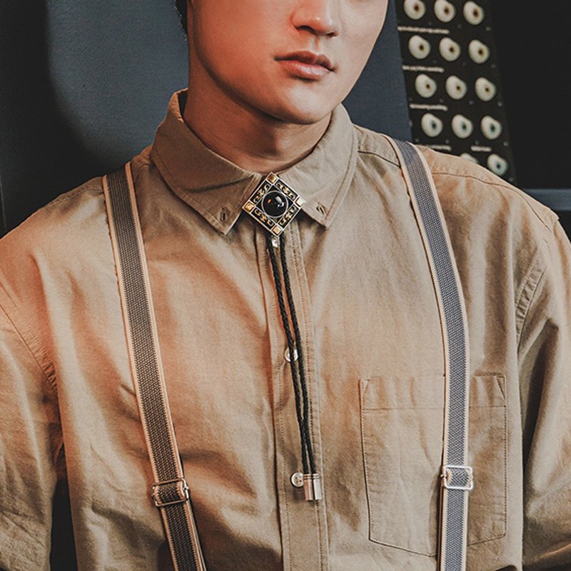 方圓之間 保羅領帶 Bolo Tie 皮革項鍊 皮繩領帶 長項鍊 黑瑪瑙 - 領帶/領帶夾 - 人造皮革 銀色
