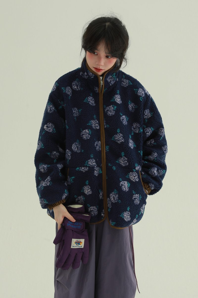 2 Colors Vintage Floral Stand Collar Fleece Coat Loose Stand Collar Zipper Warm Cotton Jacket - เสื้อแจ็คเก็ต - เส้นใยสังเคราะห์ สีน้ำเงิน