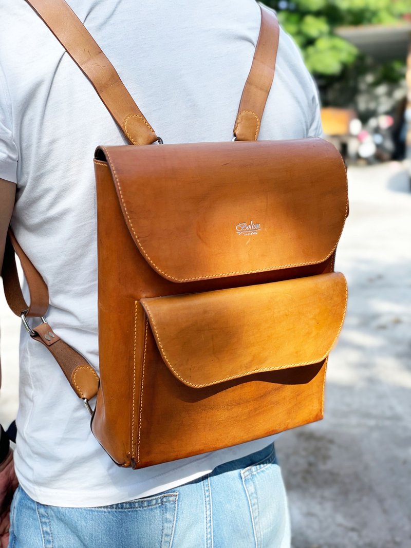 Handmade Leather Goods Temperament Square Backpack/School Bag/Leather Bag-Color: Saddle Color Spot - กระเป๋าเป้สะพายหลัง - หนังแท้ 