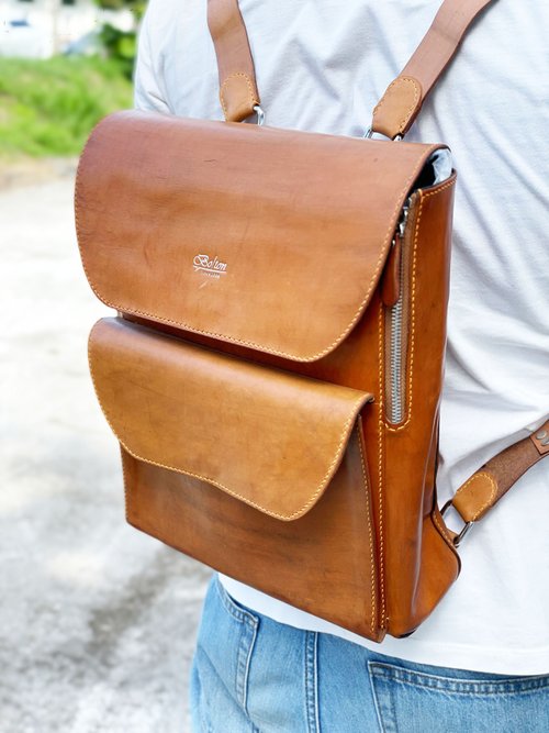 Handmade Leather Goods Temperament Square Backpack/School Bag/Leather  Bag-Color: Saddle Color Spot