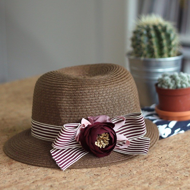 Straw Wide Brim Hat With Ribbon & Silk Flower - Hats & Caps - Other Materials Gray