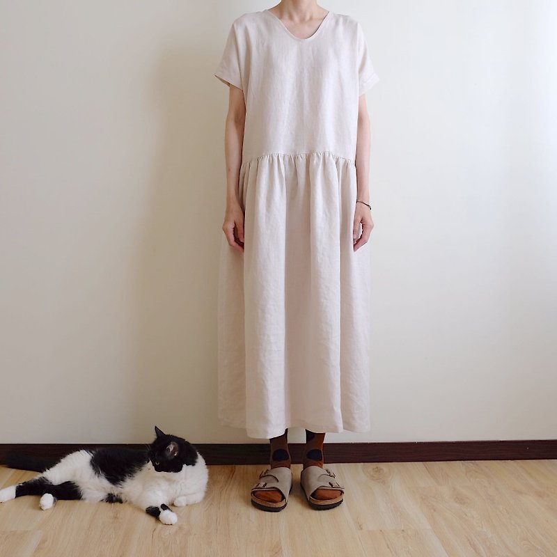 Daily hand-made suit mushroom white small v-neck wide dress linen - One Piece Dresses - Cotton & Hemp White