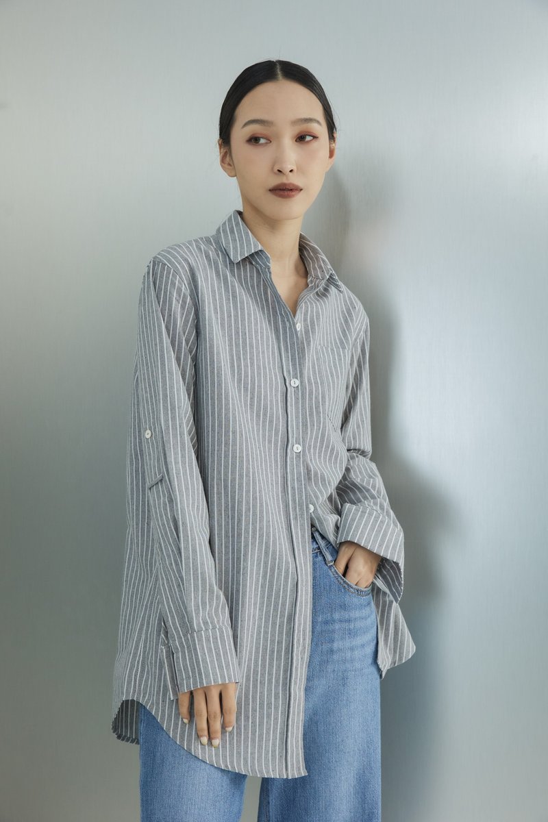 [Brand original] Ivy stiff Linen and linen striped shirt intellectual gray - Women's Tops - Cotton & Hemp Gray