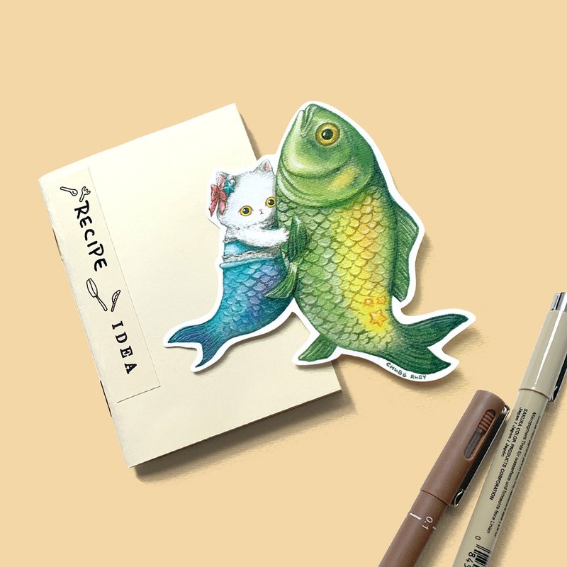 Constellation cat Pisces watercolor hand-painted adhesive sticker - สติกเกอร์ - กระดาษ หลากหลายสี