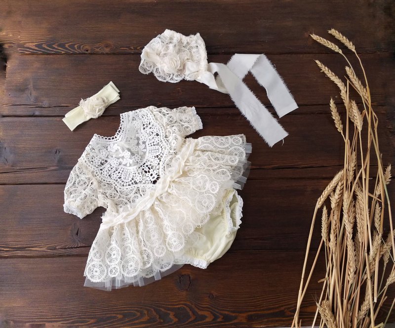 Newborn girl photo outfit set 4 pieces, boho lace dress, bloomers, lace bonnet - Baby Accessories - Other Materials White