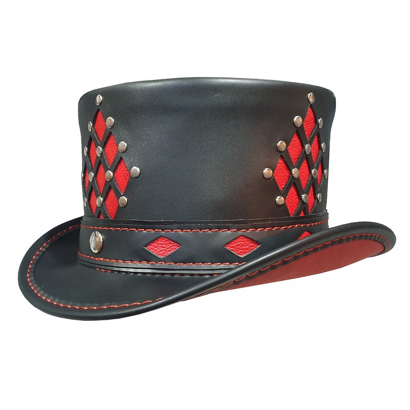 Steampunk Diamond Inlay Pinched Crown Leather Top Hat - Hats & Caps - Genuine Leather Black