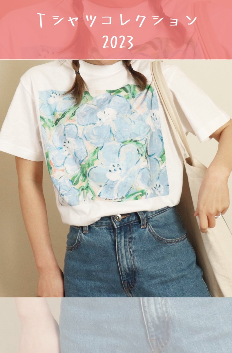 アートを着るTシャツ ネモフィラ - 女 T 恤 - 棉．麻 白色