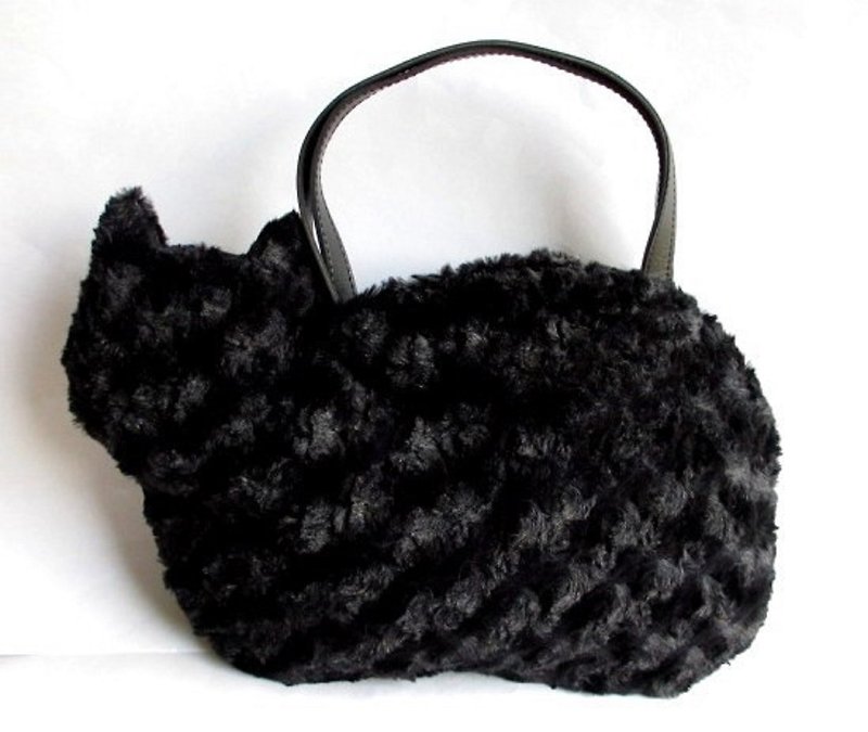 Cat Bag Fluffy Fur Black Cat - กระเป๋าถือ - ผ้าฝ้าย/ผ้าลินิน สีดำ