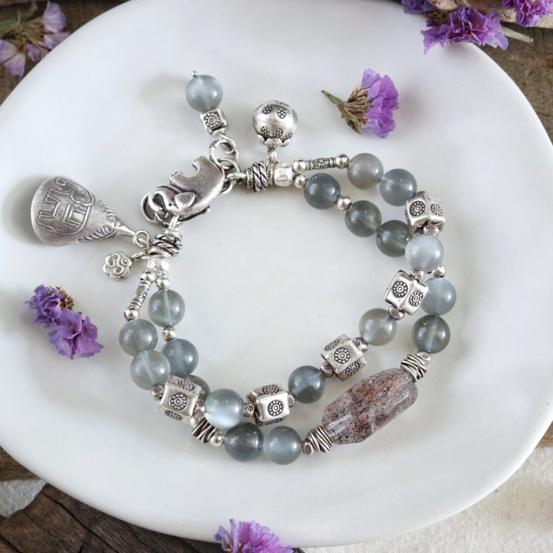 Handmade Gray Moonstone Ethnic Boho Bracelet with Karen Hill Tribe Silver - Bracelets - Crystal Gray