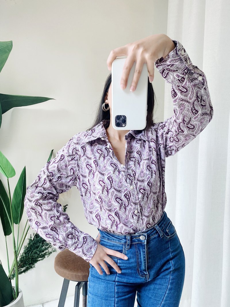 marco pecci 純紫變形蟲 古著翻領純棉襯衫上衣 vintage Shirt - 女襯衫 - 棉．麻 紫色
