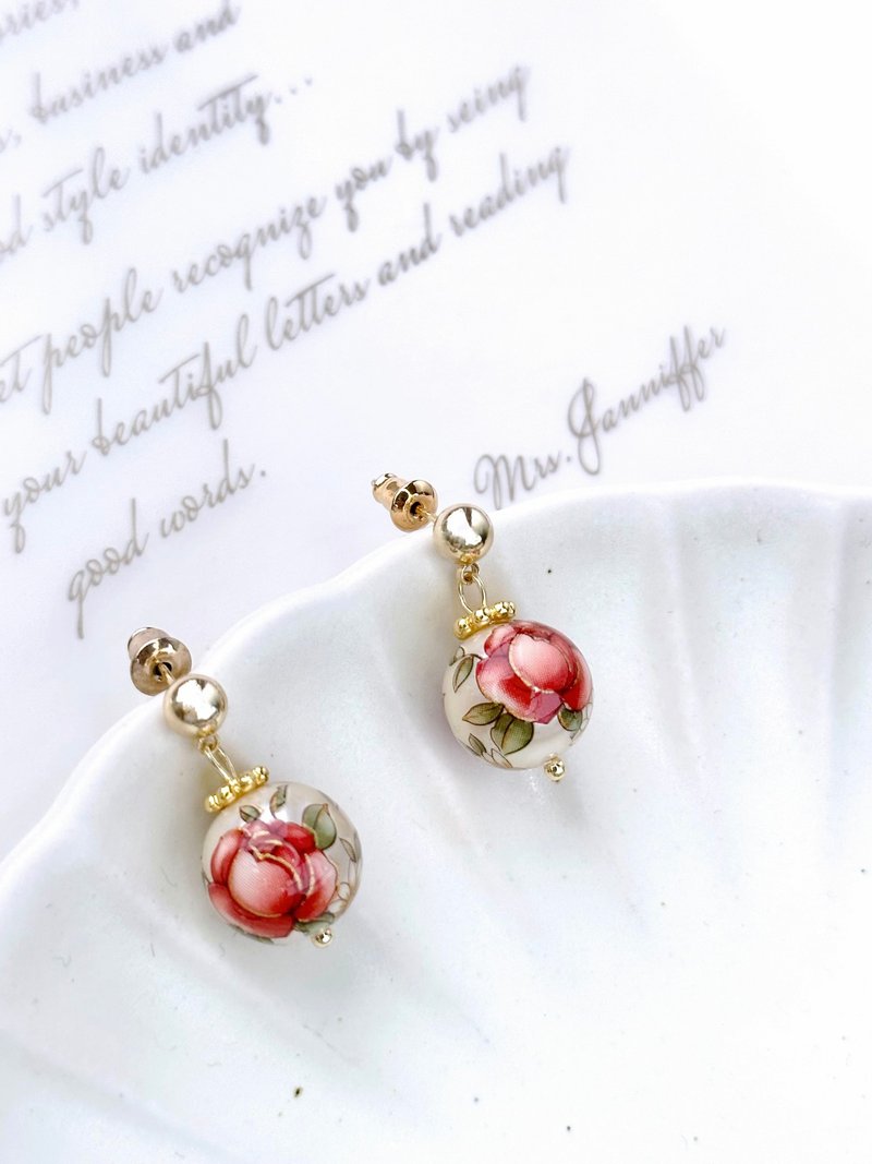 捷克繪花珍珠耳環 母親節禮物 畢業禮物 - 耳環/耳夾/耳骨夾 - 珍珠 粉紅色