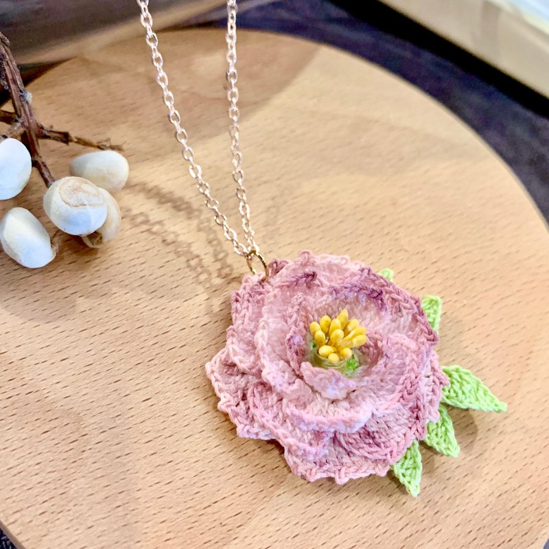 Peony 牡丹 花 鉤織 編織 頸鏈 項鏈 手染 可客製 禮物 - 項鍊 - 棉．麻 粉紅色