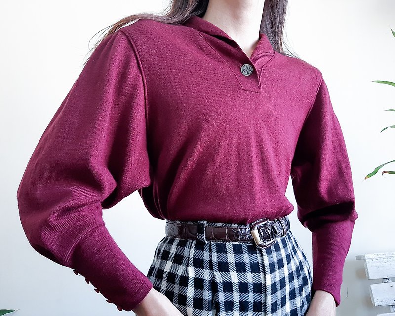 Vintage Wine Red Puff Sleeve Knit Sweater Pullover Jumper Knitwear Size M L - สเวตเตอร์ผู้หญิง - ขนแกะ สีแดง