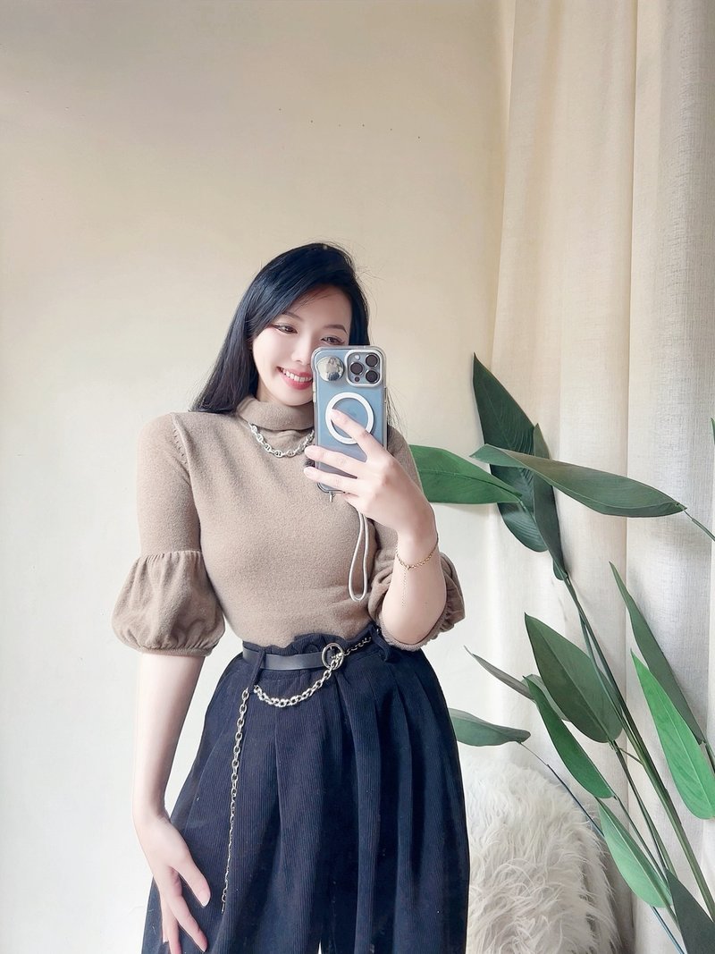 暖暖夕陽卡其立領澎袖 古董羊絨羊毛衣毛衫cashmere sweater - 女毛衣/針織衫 - 羊毛 卡其色