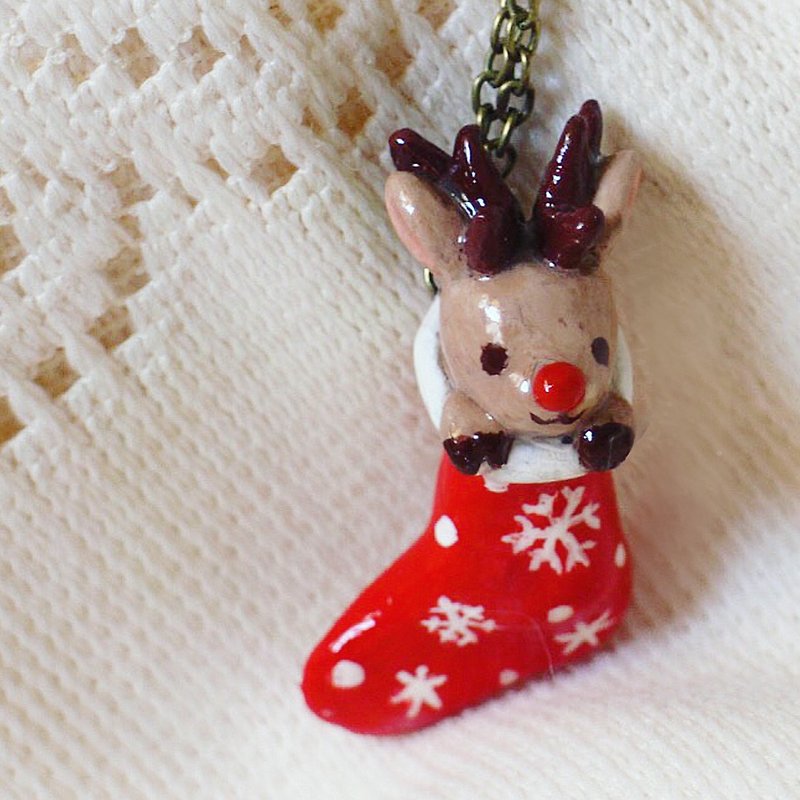 專屬訂單 - 聖誕襪中的小麋鹿 項鍊 - 項鍊 - 黏土 紅色