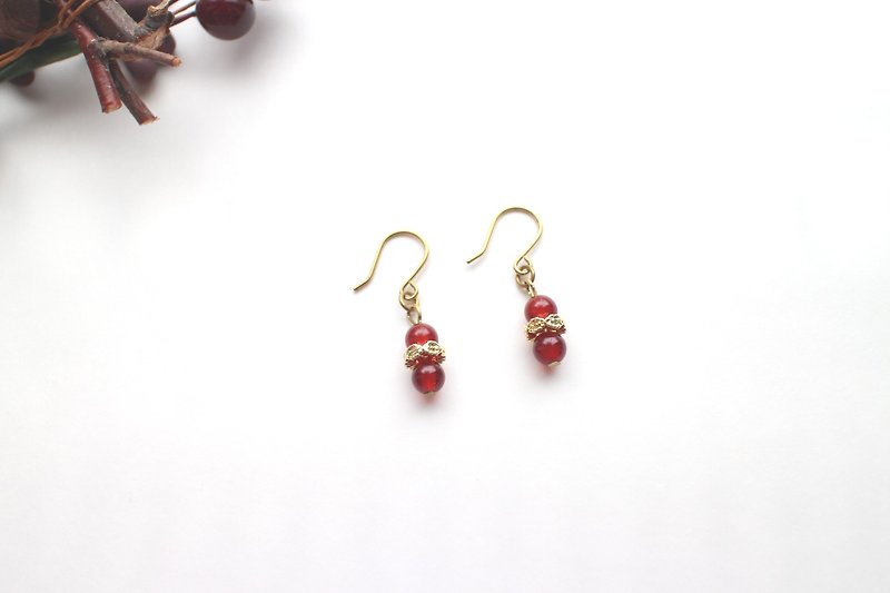 聖紅-紅瑪瑙 黃銅耳環-可改夾 - 耳環/耳夾 - 銅/黃銅 多色