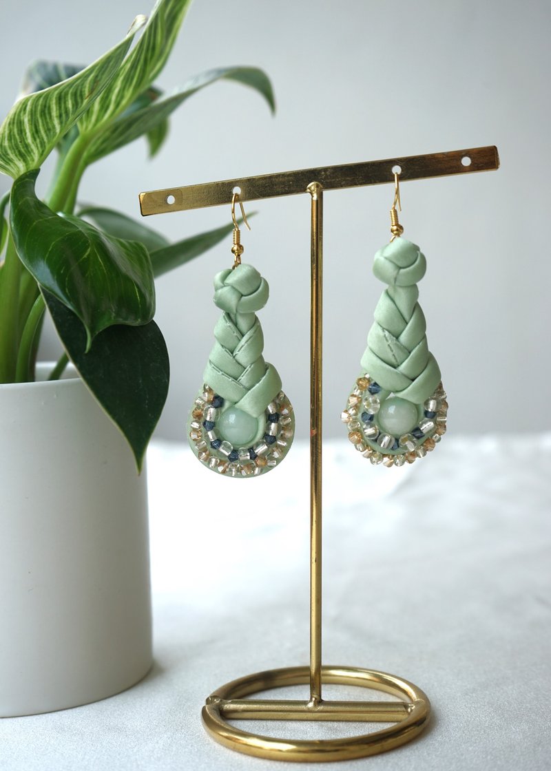 Pipa Pankou Earrings w Jade - Earrings & Clip-ons - Silk Green