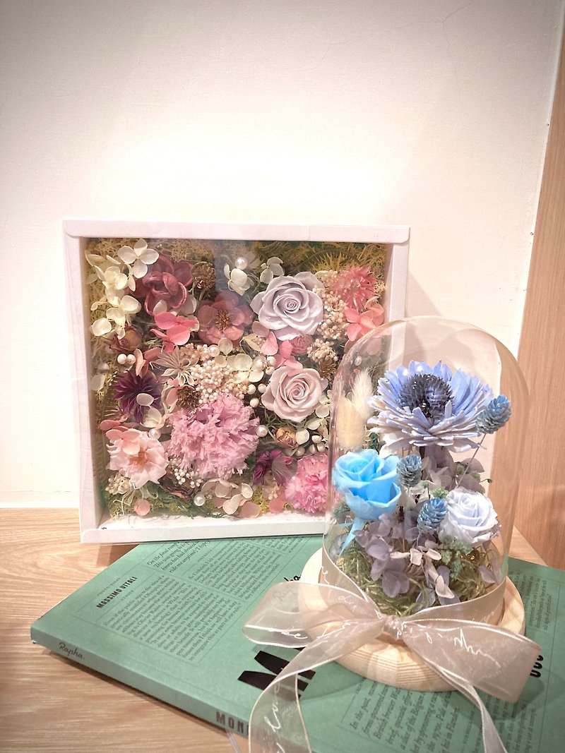 Sponge-free blue ocean eternal flower cup birthday gift housewarming ceremony opening - Dried Flowers & Bouquets - Glass Blue