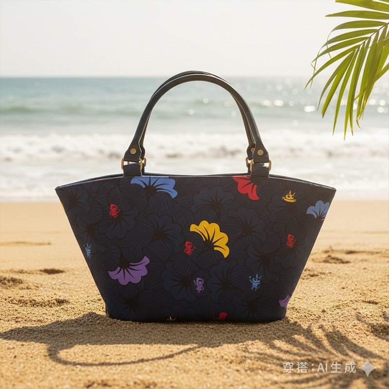 渡假風手提包 浪花朵朵 小紅帽大野狼 菜籃子托特包 台灣製 - 手提包/手提袋 - 棉．麻 藍色