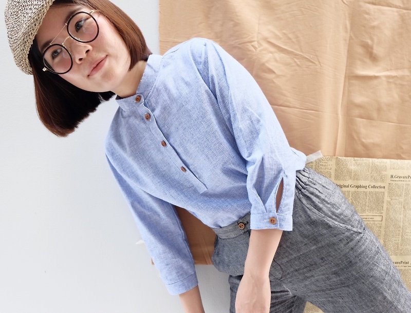 3/4 sleeved shirt : Premium Linen (Blue Color) - 女上衣/長袖上衣 - 棉．麻 藍色